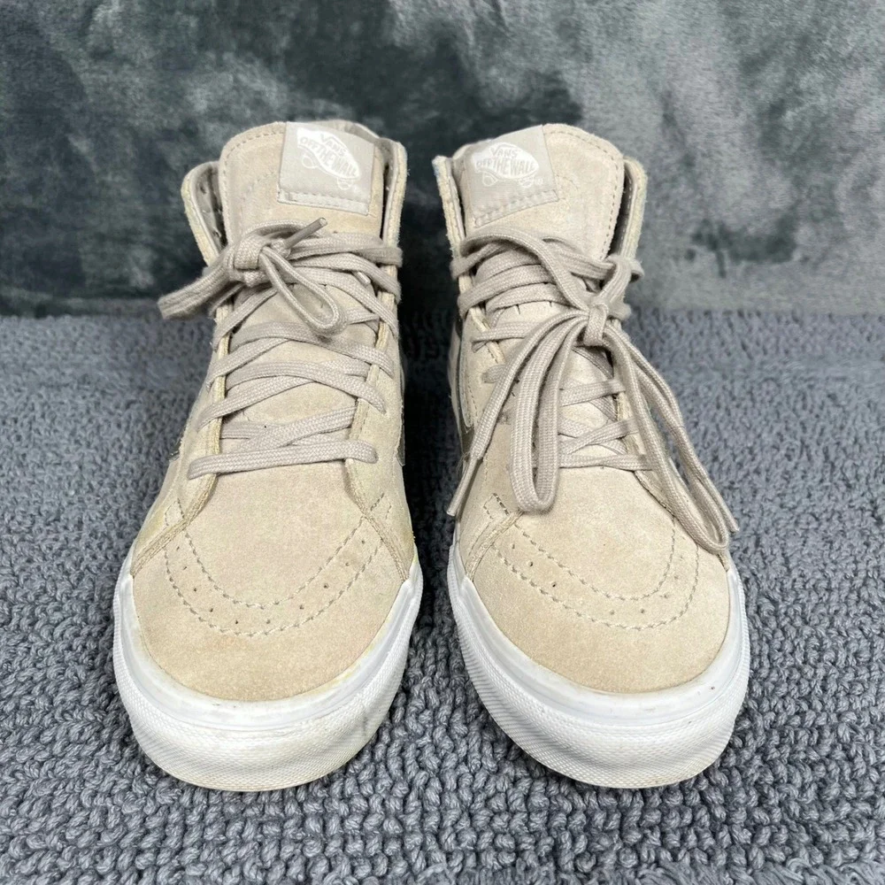 Vans Sk8-Hi Slim Beige Tan Suede Metallic Silver Stripe High Top Sneakers 8.0